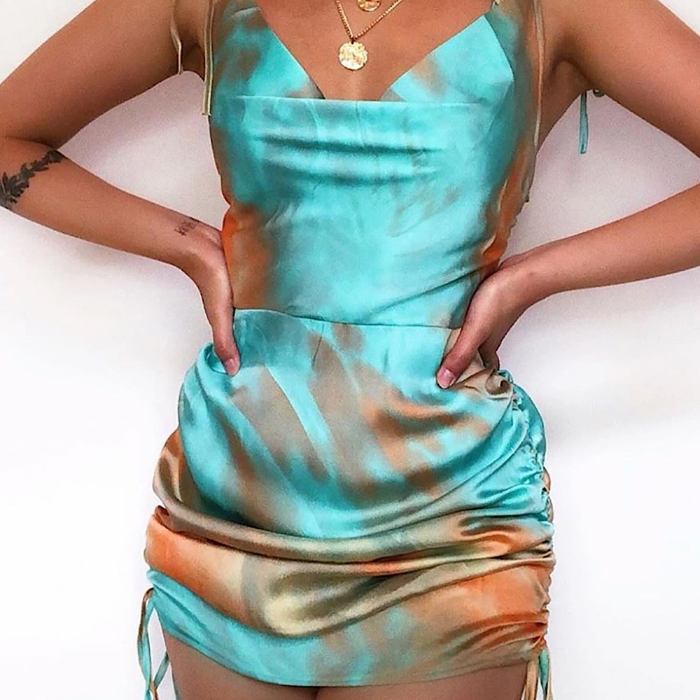 Fashion Nova teal/orange marble satin tie dress